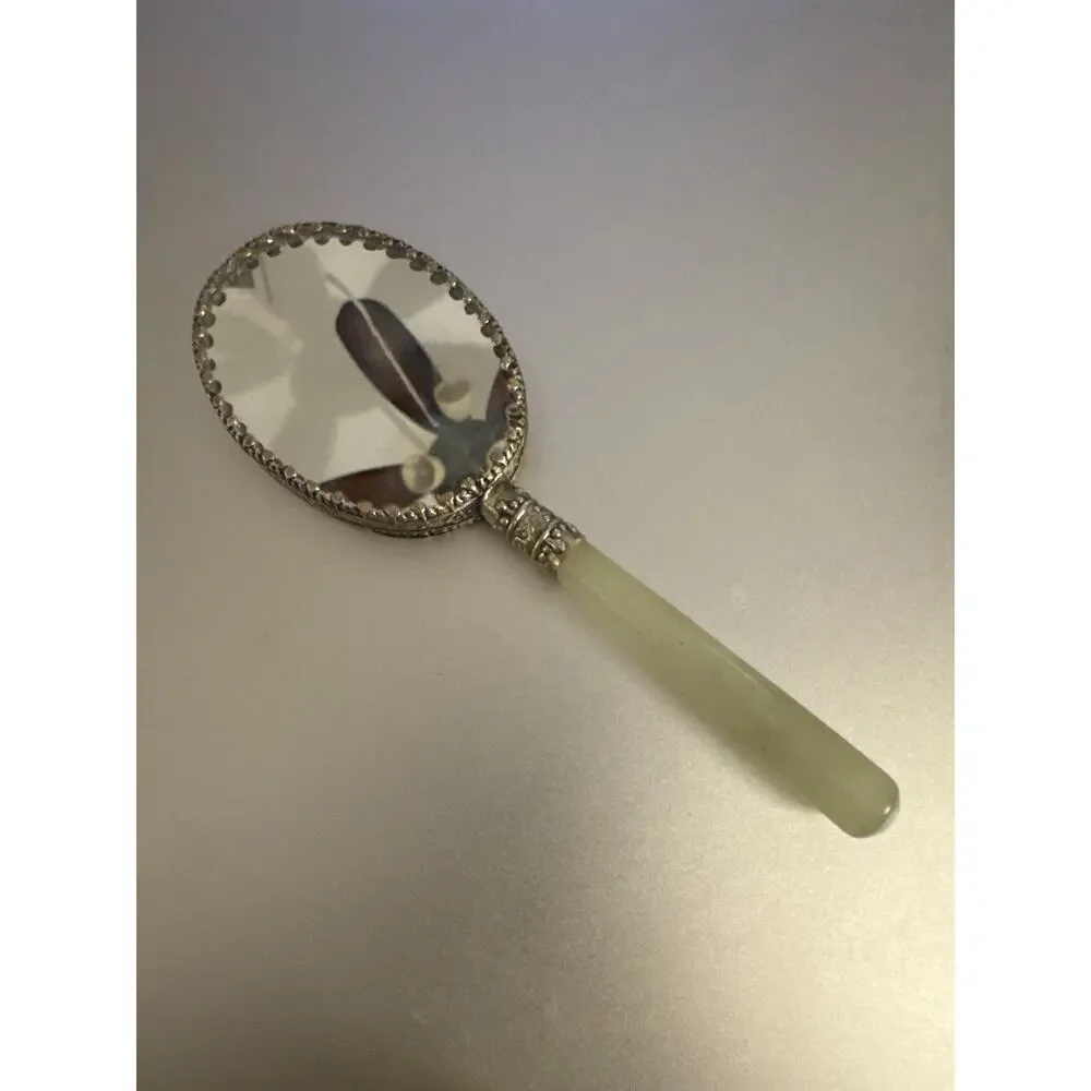 Mid Century Cottagecore Floral Hand Mirror Satin Glass Lucite Vanity Mirror 50s
